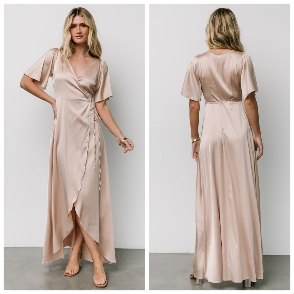 Baltic Born Vara Champagne Satin Maxi Wrap Dress